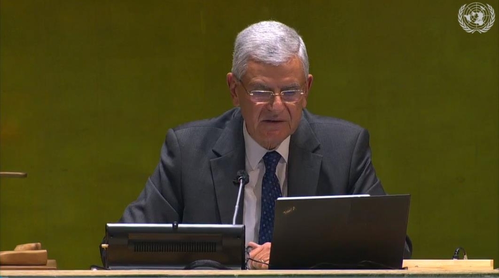 UN General Assembly President Volkan Bozkir speaking in a General Assembly meeting in New York on Tuesday. (Captured image from the website of the United Nations)