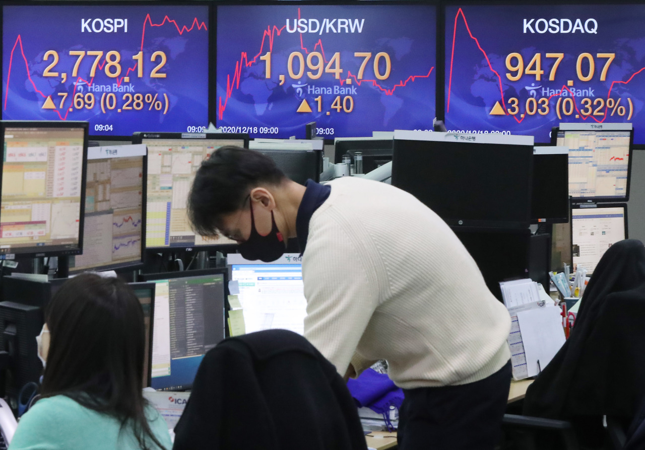 The benchmark Korea Composite Stock Price Index (Kospi) figures are displayed at a dealing room of a local bank in Seoul, Friday. (Yonhap)