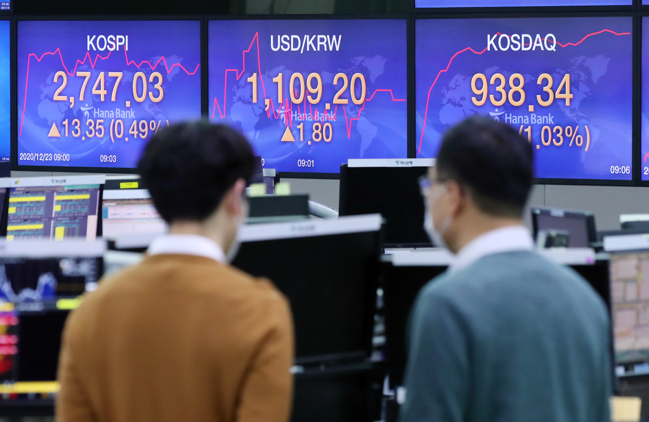 The benchmark Korea Composite Stock Price Index (Kospi) figures are displayed at a dealing room of a local bank in Seoul, Wednesday. (Yonhap)