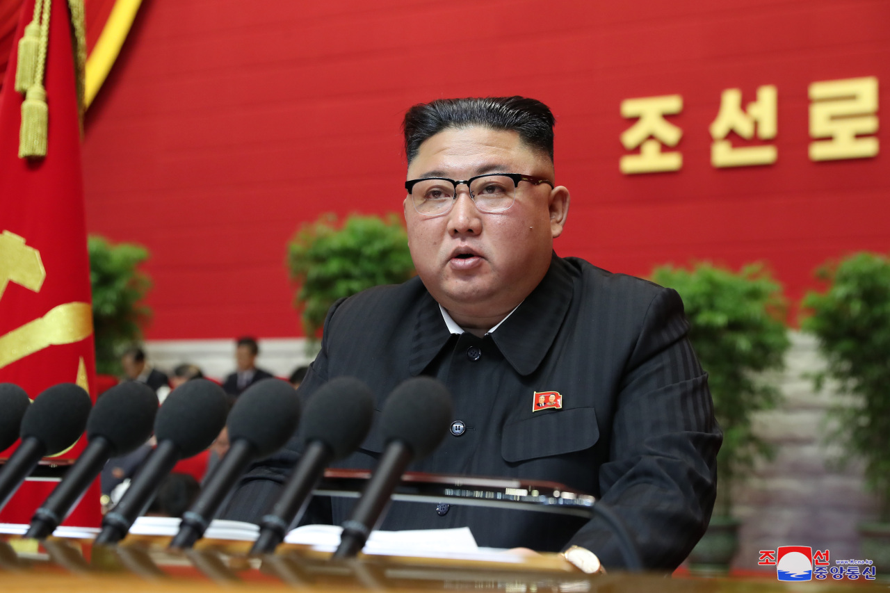 North Korean leader Kim Jong-un speaks on the first day of the 8th Congress of the Workers’ Party of Korea in Pyongyang, North Korea, Jan.5, 2021. (KCNA-Yonhap)