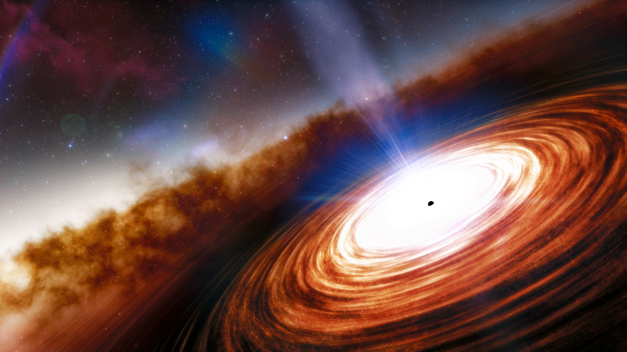 An artist’s illustration shows the newly discovered quasar and black hole known to be the oldest and most distant in the universe. (NOIRLab/NSF/AURA/J. da Silva)