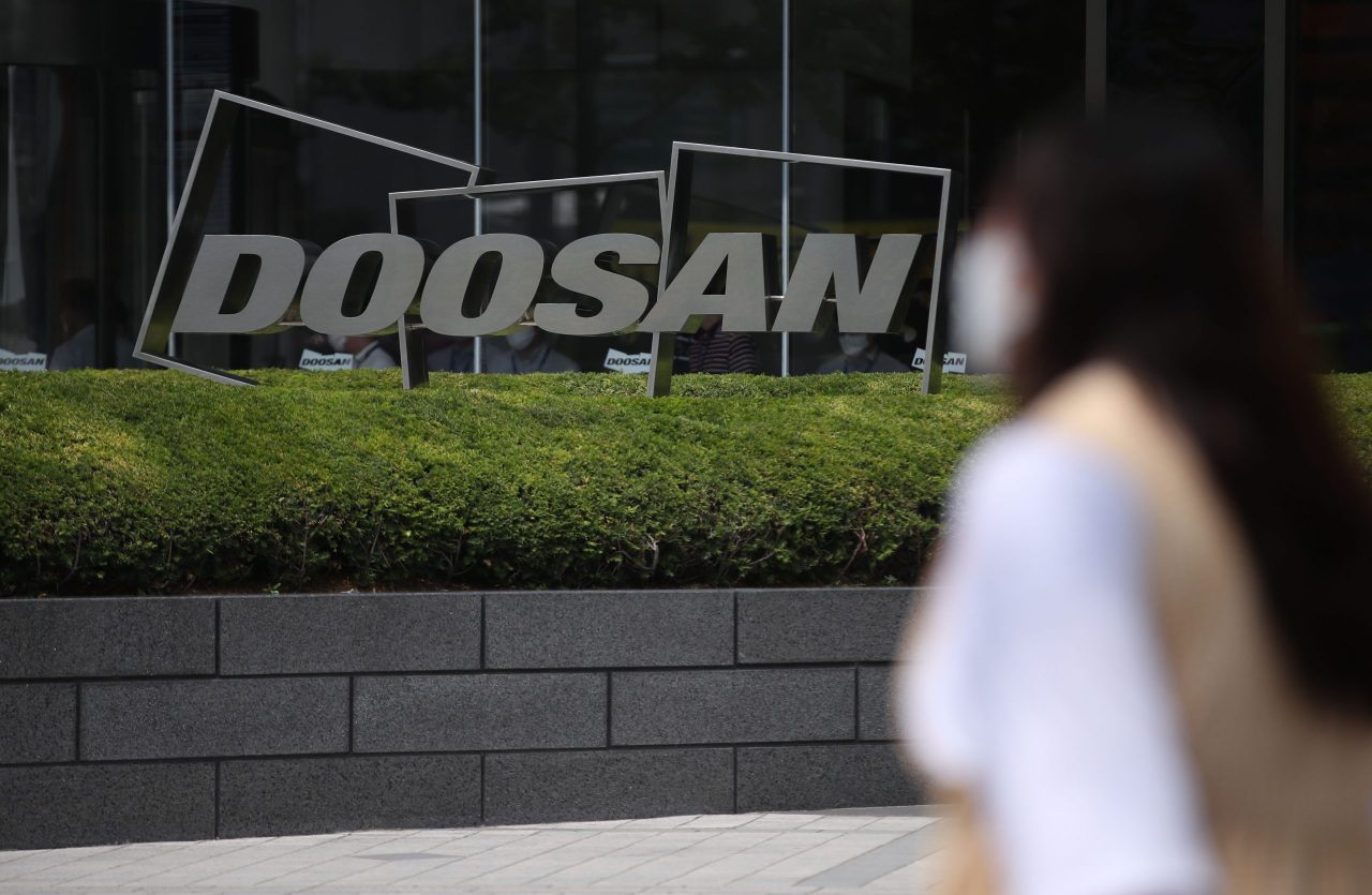 This photo taken on June 16, 2020, shows the logo of Doosan Group in front of the group's headquarters in Seoul. (Yonhap)
