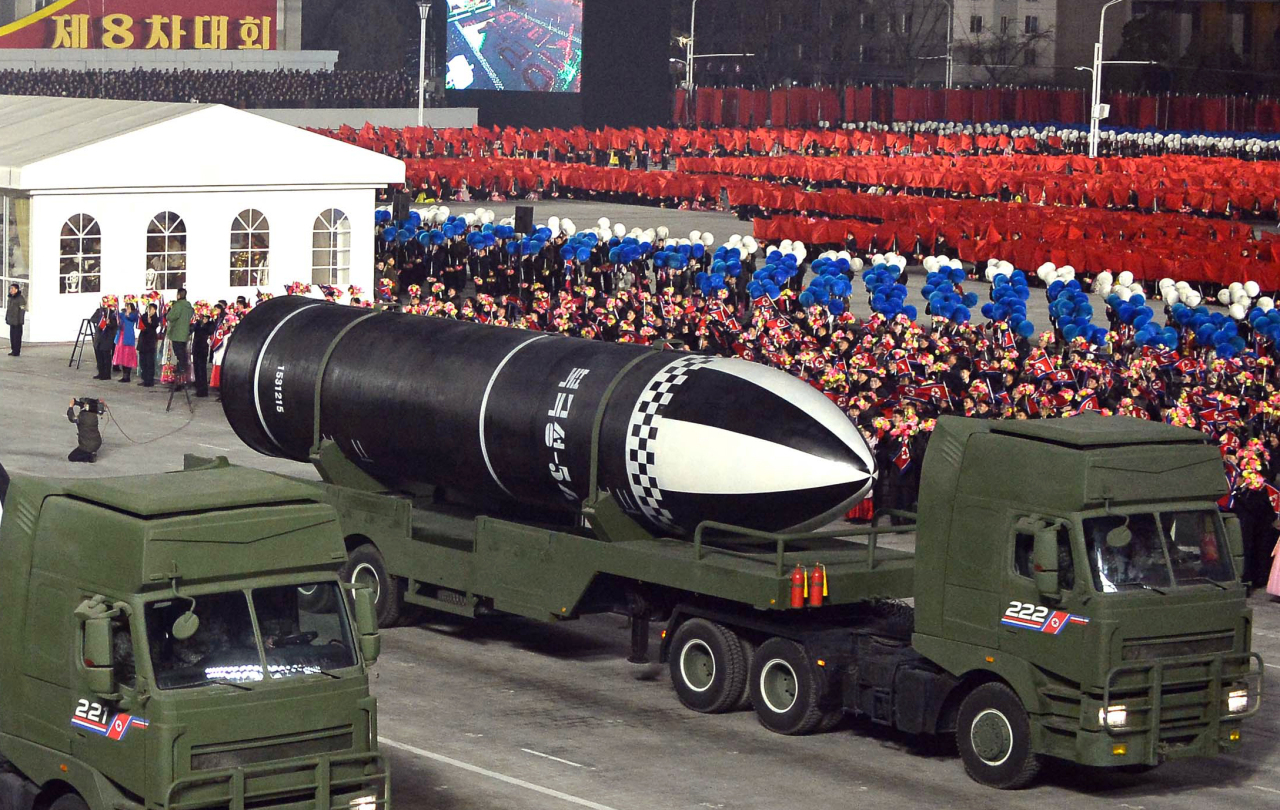 The Pukguksong-5-siot, a submarine-launched ballistic missile, is seen at the military parade in Pyongyang, North Korea, Jan. 14, 2021. The Korean letter “siot” means sea-based. (KCNA-Yonhap)