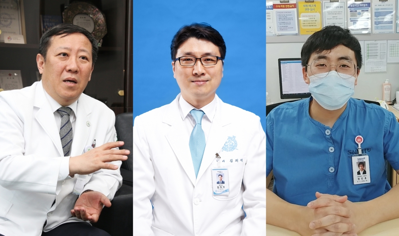 From left, Dr. Cho Seung-yeon, director of the Incheon Medical Center; Dr. Kim Eu-suk, infectious disease specialist at Seoul National University Hospital in Bundang, Gyeonggi Province; Jung Min-ho, a COVID-19 nurse at Seoul National University Hospital in Jongno, Seoul