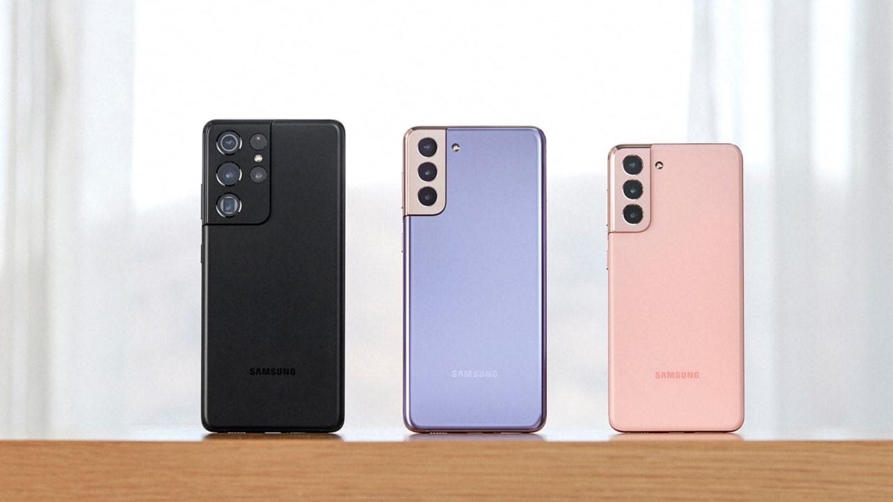 This photo, provided by Samsung Electronics Co. on Thursday, shows Samsung Electronics Co.'s Galaxy S21 smartphones. From left are the high-end S21 Ultra, the mid-tier S21+ and the entry-level S21. (Samsung Electronics)
