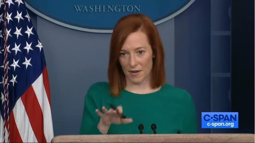 The captured image from the website of US online news network C-Span shows White House Press Secretary Jen Psaki speaking in a White House press briefing on Monday. (Screenshot from US online news network C-Span)