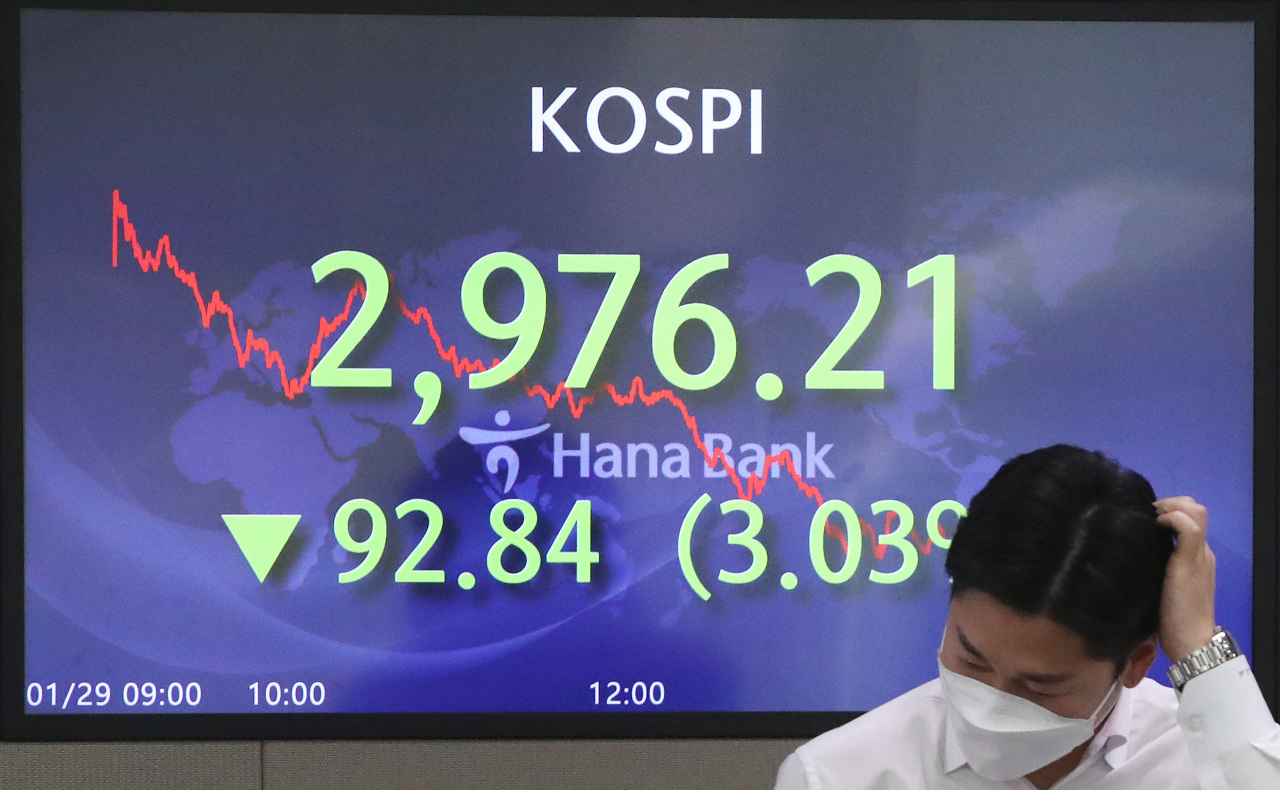 An electronic signboard in the dealing room of Hana Bank in Seoul shows the benchmark Korea Composite Stock Price Index (KOSPI) having plunged 92.84 points, or 13.03 percent, to close at 2,976.21 on Jan. 29, 2021, on massive foreign dumping, largely generated by valuation concerns over local stocks and a liquidity squeeze in China. (Yonhap)