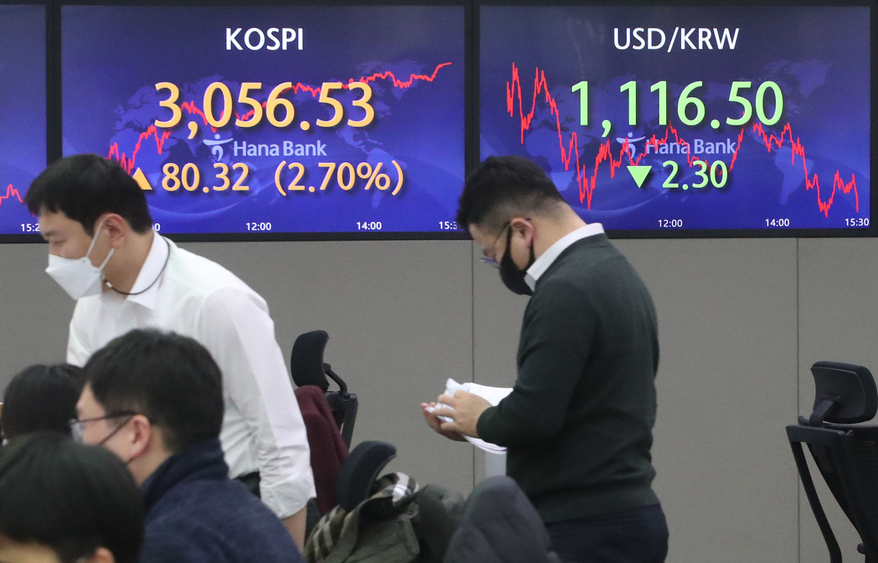 Electronic signboards at the trading room of Hana Bank in Seoul show the benchmark Kospi closed at 3,056.53 on Monday, up 80.32 points or 2.7 percent from the previous session's close. (Yonhap)