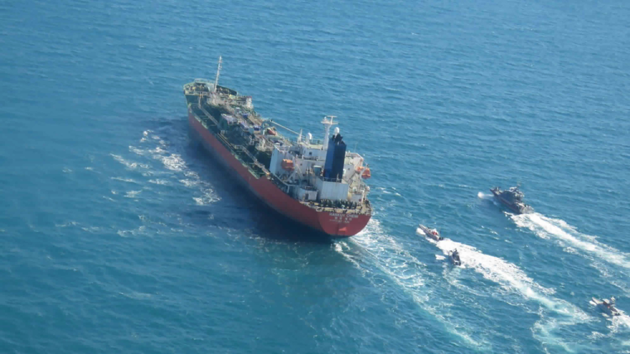In this photo released by Tasnim News Agency, Iranian forces seized a South Korean tanker in the Persian Gulf last month. (AP-Yonhap)