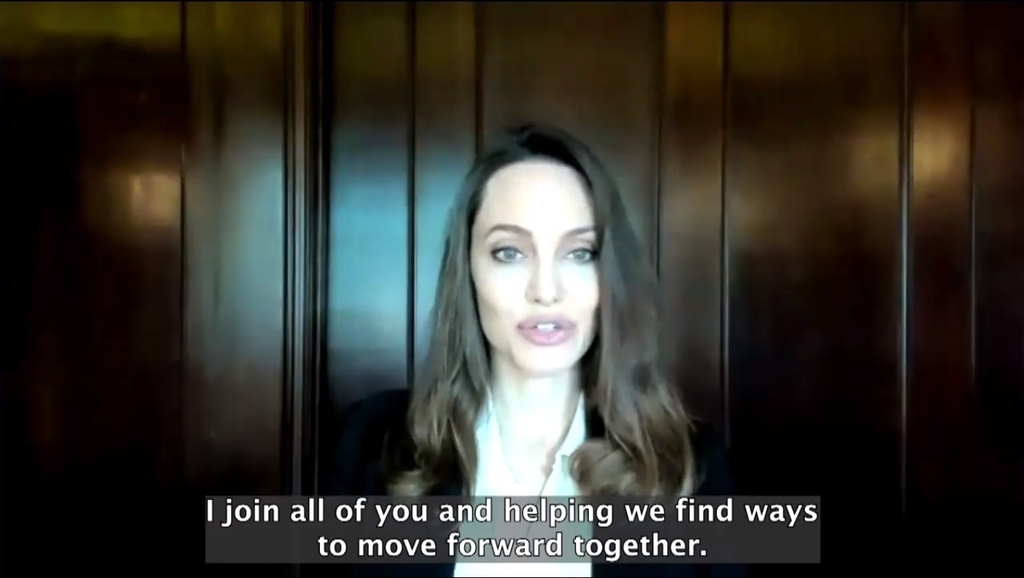 This screenshot shows Angelina Jolie speaking virtually during the Global Engagement and Empowerment Forum on Sustainable Development 2021, hosted by Yonsei University, on Friday. (Global Engagement and Empowerment Forum on Sustainable Development 2021)