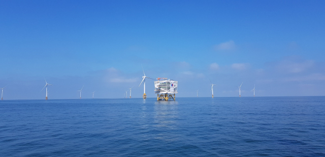 This file photo, provided by Korea Offshore Wind Power on Oct. 27, 2020, shows a test site of the offshore wind farm to be built in seas off the coast between Gochang County and Buan County, which is about 250 kilometers southwest of Seoul. (Korea Offshore Wind Power)