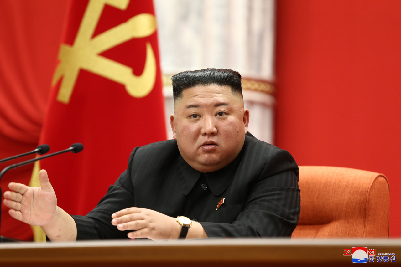 North Korean leader Kim Jong-un speaks during the first plenary meeting of the 8th Central Committee of the Workers' Party in Pyongyang on Jan. 10, 2021, in this photo released by the North's official Korean Central News Agency. (KCNA-Yonhap)