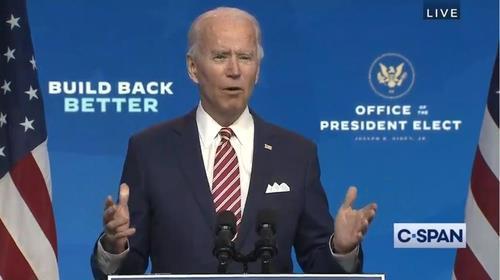 The captured image from the website of US cable news network C-Span shows US President-elect Joe Biden speaking at a press conference in Wilmington, Delaware, on Nov. 16. (C-Span)