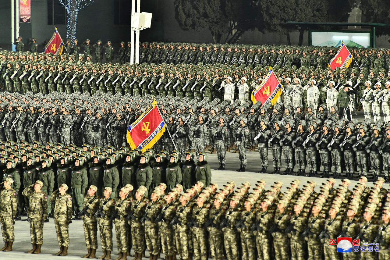 North Korean soldiers take part in a military parade at Kim Il-sung Square in Pyongyang on Jan. 14, 2021, to celebrate the recently concluded eighth congress of the North's ruling Workers' Party, in this photo released by the North's official Korean Central News Agency the next day. (KCNA-Yonhap)