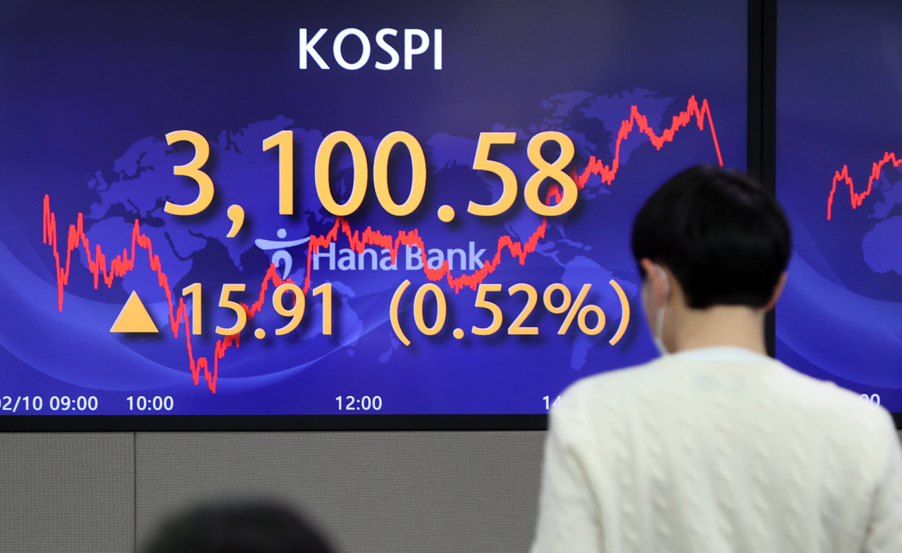 An electronic board at Hana Bank’s dealing room in Seoul shows Kospi rebounded above 3,100 points at Thursday's closing bell. (Yonhap)