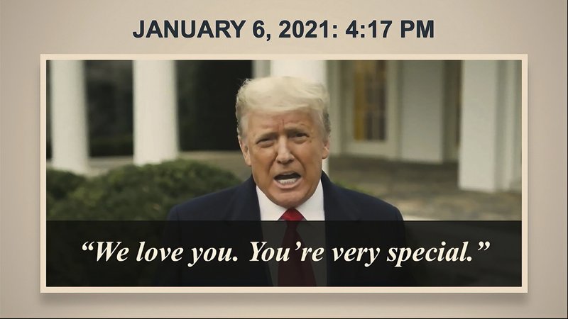 In this image from video, a video from Donald Trump is shown to senators as House impeachment manager Rep. Jamie Raskin, D-Md., speaks during the second impeachment trial of former President Donald Trump in the Senate at the US Capitol in Washington, Wednesday, Feb. 10, 2021. (Senate Television via AP)