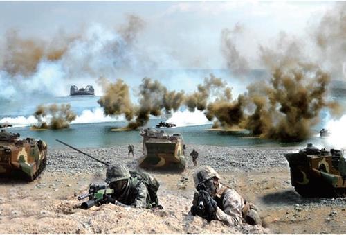 Marines from South Korea and the US take part in amphibious landing drills in April 2020. (Ministry of National Defense)