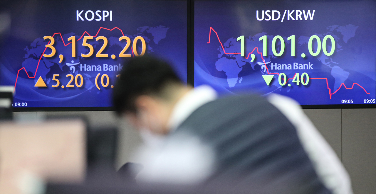 The benchmark Korea Composite Stock Price Index (Kospi) figures are displayed at a dealing room of a local bank in Seoul, Tuesday. (Yonhap)