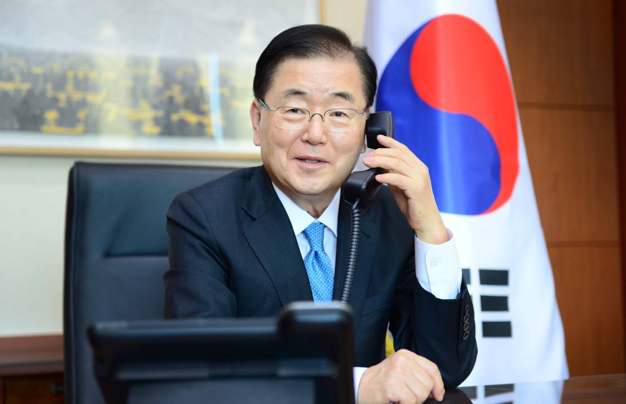 This photo, provided by the foreign ministry last Friday, shows Foreign Minister Chung Eui-yong speaking over the phone with US Secretary of State Antony Blinken. (Ministry of Foreign Affairs)