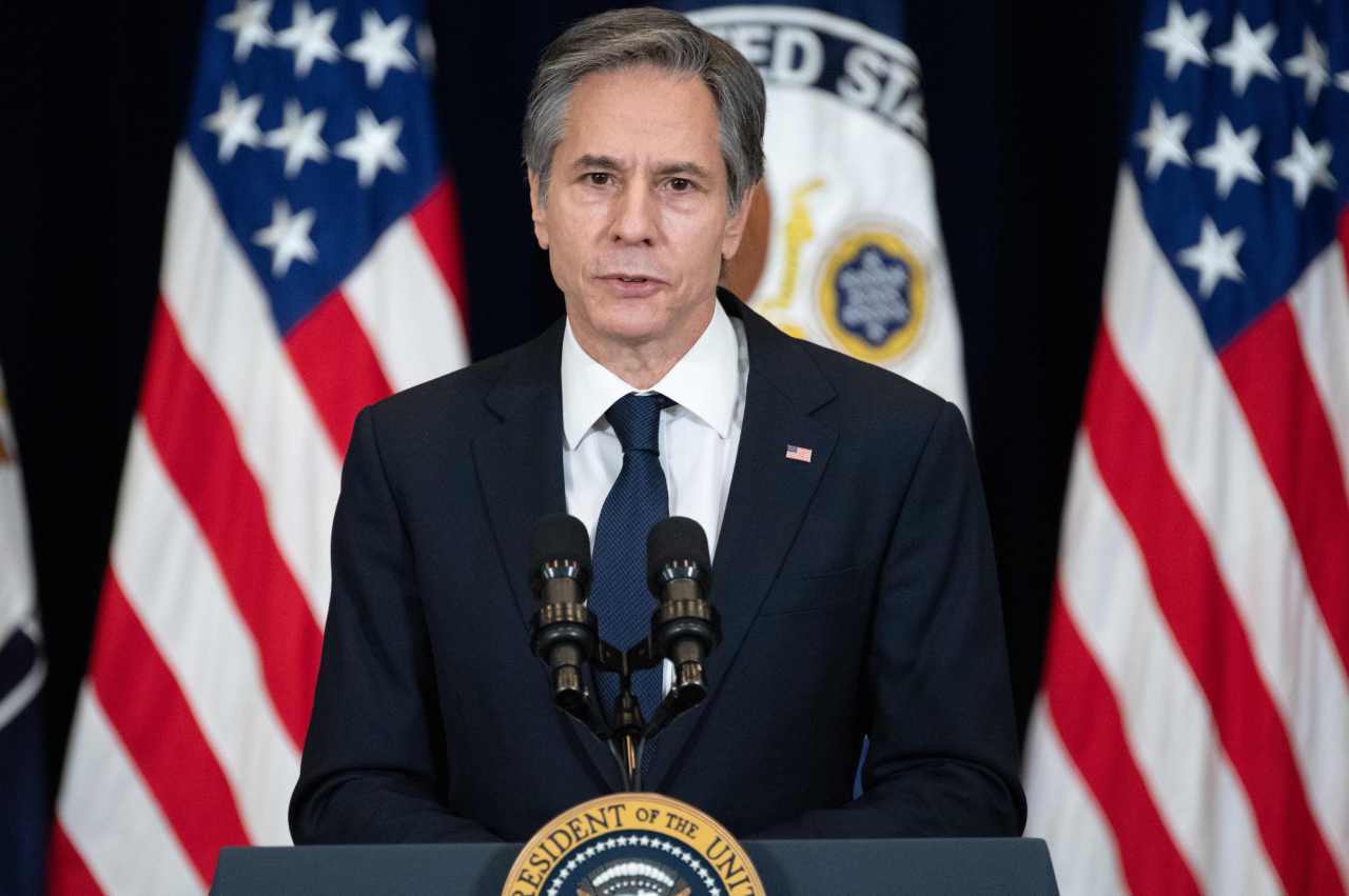 In this file photo taken on February 04, 2021 US Secretary of State Antony Blinken speaks to staff at the US State Department during the first visit of US President Joe Biden in Washington, DC. (AFP-Yonhap)