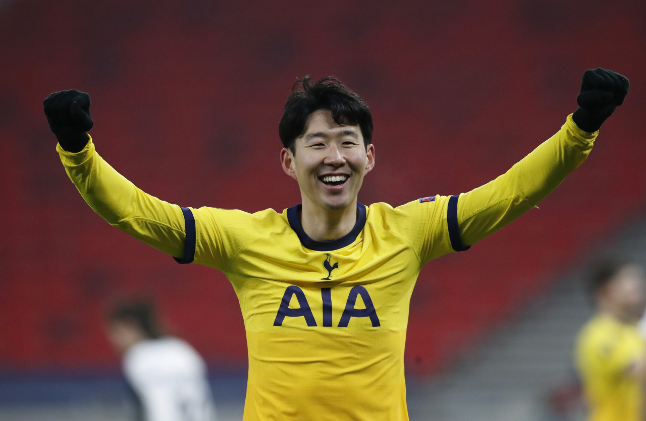 In this Reuters photo, Son Heung-min of Tottenham Hotspur celebrates his goal against Wolfsberger AC in the clubs' round of 32 match at the UEFA Europa League at Puskas Arena in Budapest on Thursday. (Reuters-Yonhap)