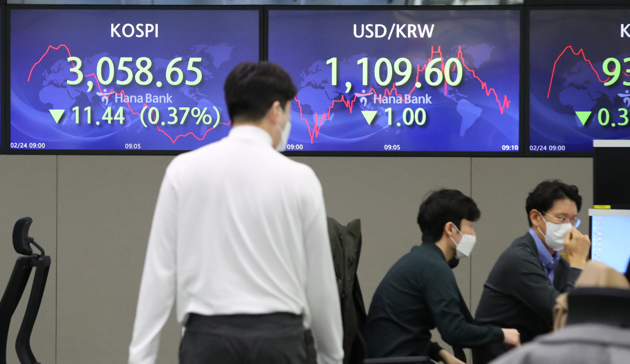 The benchmark Korea Composite Stock Price Index (KOSPI) figures are displayed at a dealing room of a local bank in Seoul, Wednesday. (Yonhap)