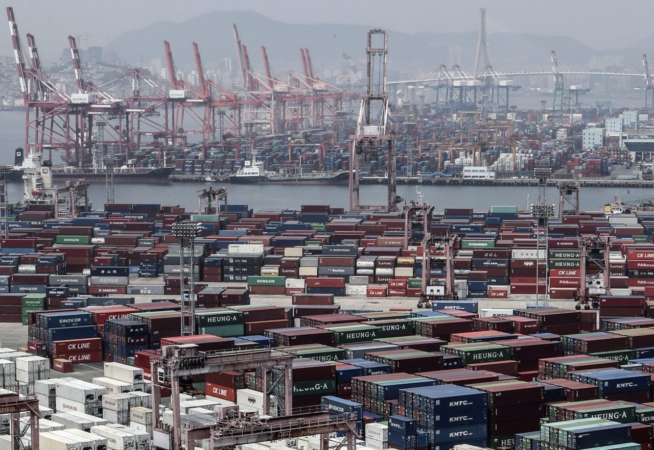 This file photo, taken June 4, 2020, shows stacks of cargo containers at South Korea's largest seaport of Busan, 450 kilometers southeast of Seoul. (Yonhap)