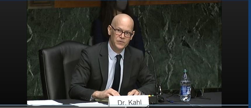 The captured image from the website of US Senate Armed Services Committee shows Colin Kahl, nominee for under secretary of defense for policy, speaking in his Senate confirmation hearing in Washington on Thursday. (US Senate Armed Services Committee)