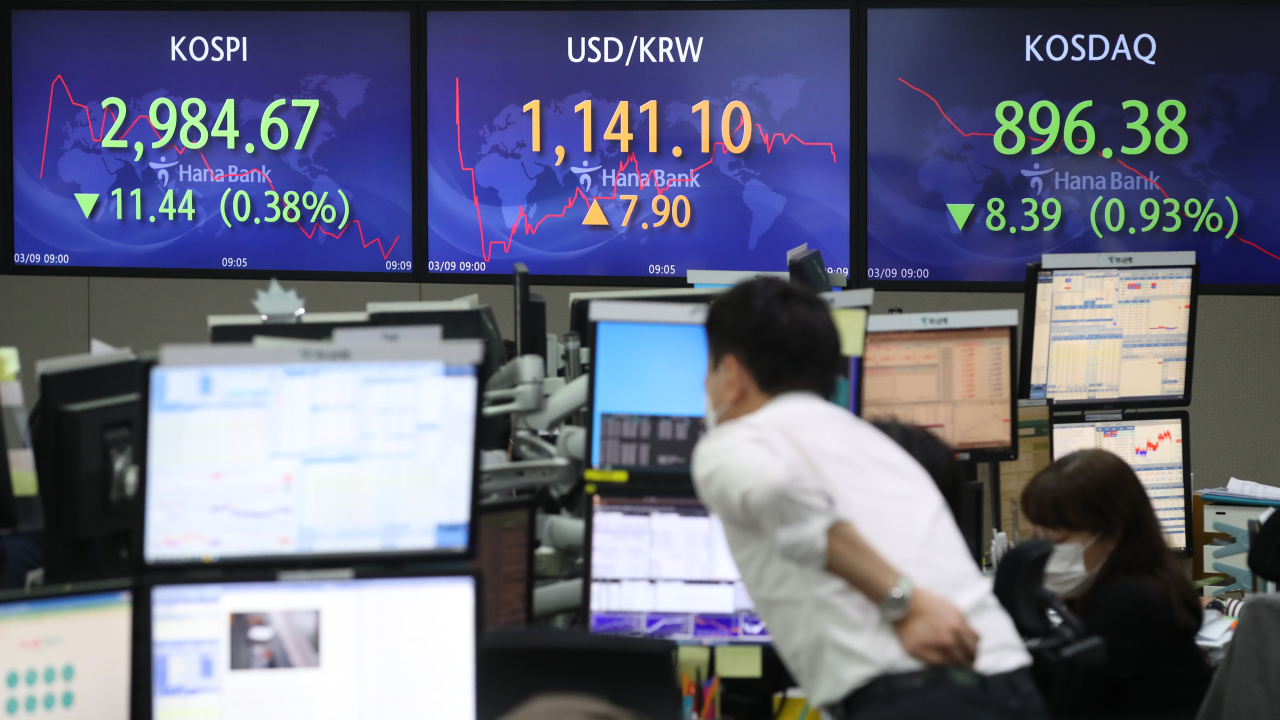 The benchmark Korea Composite Stock Price Index (Kospi) figures are displayed at a dealing room of a local bank in Seoul, Tuesday. (Yonhap)