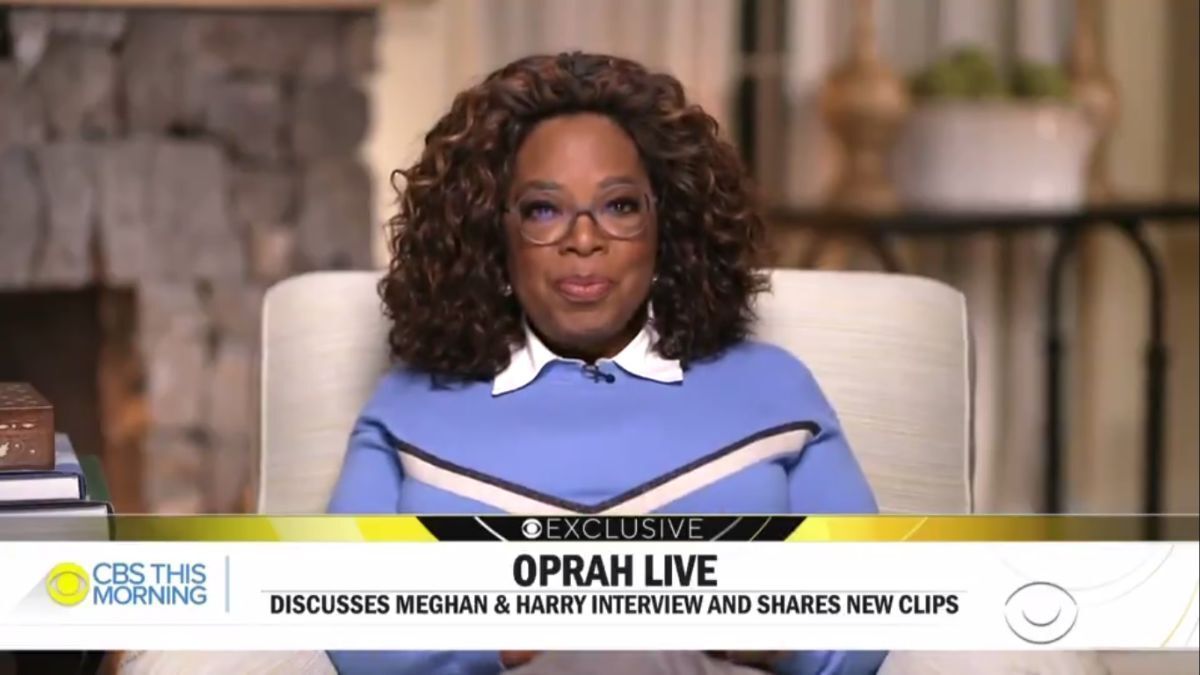 In this video grab issued Monday, by CBS This Morning, Oprah Winfrey discusses her interview with Prince Harry and Meghan, Duchess of Sussex. 