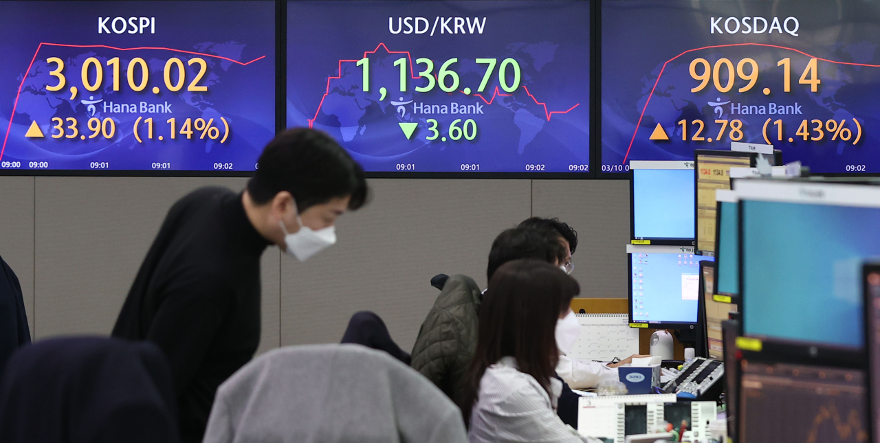 The benchmark Korea Composite Stock Price Index (Kospi) figures are displayed at a dealing room of a local bank in Seoul, Wednesday. (Yonhap)