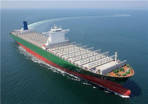 This file photo shows a container ship built by Hyundai Heavy Industries. (Yonhap)