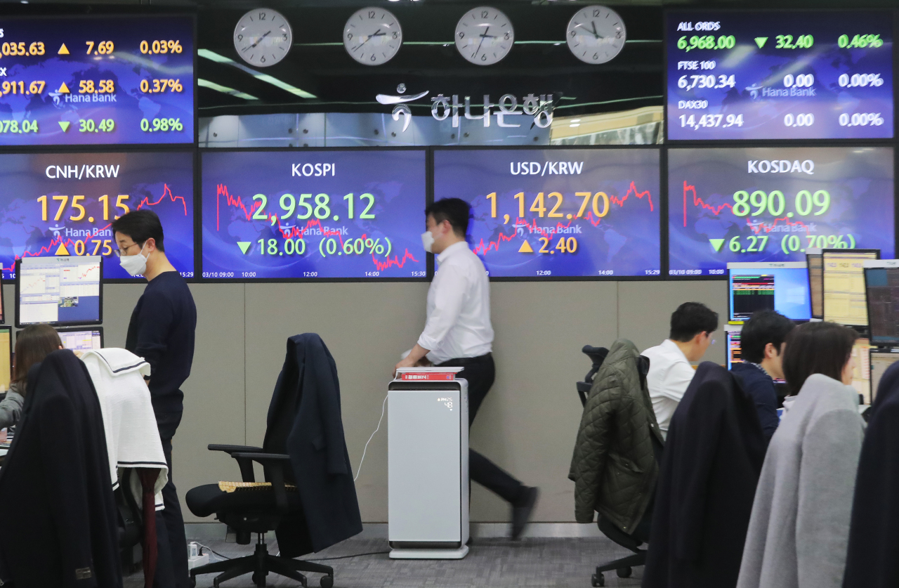 The benchmark Korea Composite Stock Price Index (Kospi) figures are displayed at a dealing room of a local bank in Seoul, Wednesday. (Yonhap)