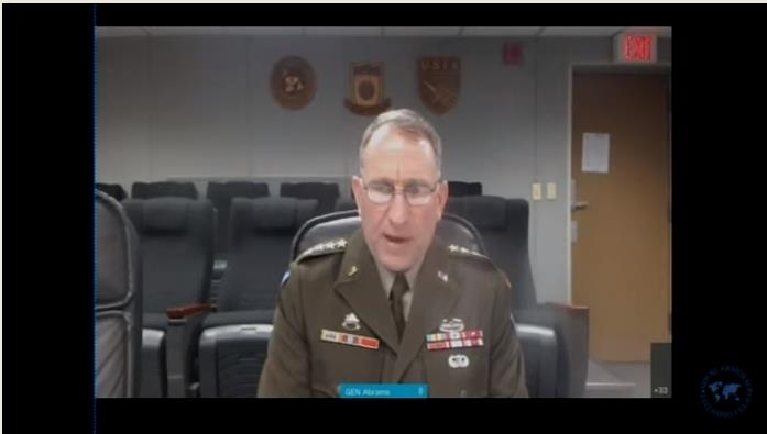 The captured image from the website of the House of Representatives shows Gen. Robert Abrams, commander of US Forces Korea, testifying in a House Armed Services Committee hearing held in Washington on Wednesday. The USFK chief joined the committee hearing via a video link. (House of Representatives)