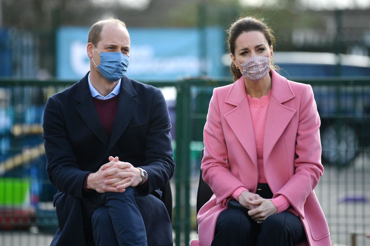 Britain's Prince William, Duke of Cambridge and Britain's Catherine, Duchess of Cambridge listen during a discussion with teachers and mental health professionals at a visit to School21 following its re-opening after the easing of coronavirus lockdown restrictions in east London on Thursday. (AFP)