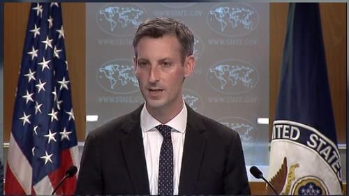 The captured image from the website of US Department of State shows department spokesman Ned Price speaking in a press briefing at the department in Washington on Thursday. (US Department of State )