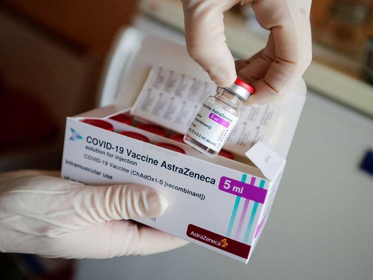 A nurse shows a package of the Astrazeneca coronavirus vaccine at a doctor's surgery in Senftenberg, Brandenburg, eastern Germany. (AFP-Yonhap)