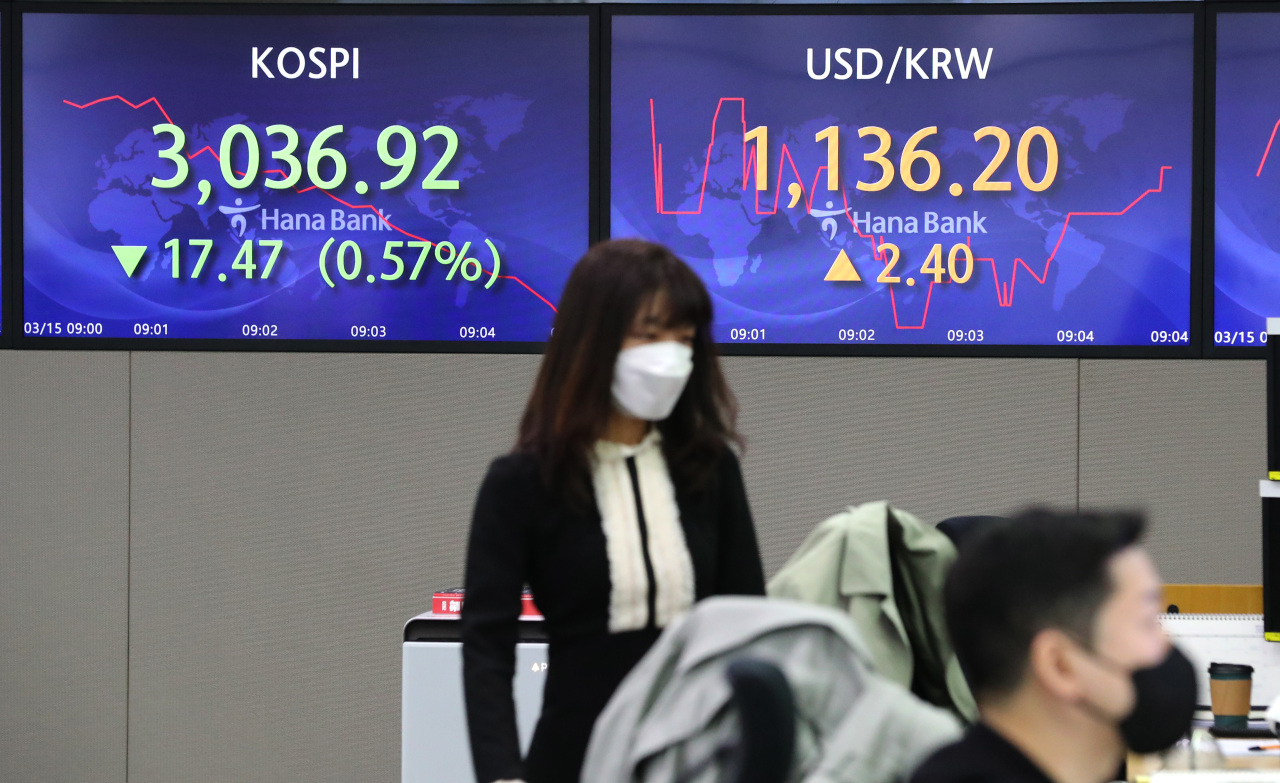 Electronic signboards at a Hana Bank dealing room in Seoul show the benchmark Korea Composite Stock Price Index (KOSPI) starting at 3,057.06 on Monday, up 2.67 points from the previous session's close. (Yonhap)