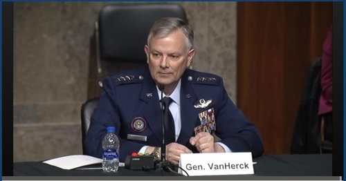 The captured image from the website of US Senate Committee on Armed Services shows Gen. Glen VanHerck, commander of US Northern Command and North American Aerospace Defense Command, testifying at a Senate hearing in Washington on Tuesday. (US Senate Committee on Armed Services)