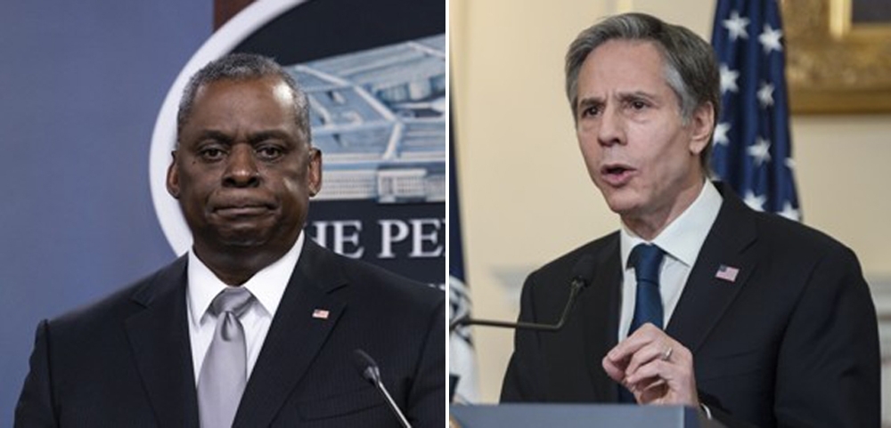 This combined photo, released by the Associated Press, shows US Secretary of State Antony Blinken (R) and Defense Secretary Lloyd Austin. (AP-Yonhap)