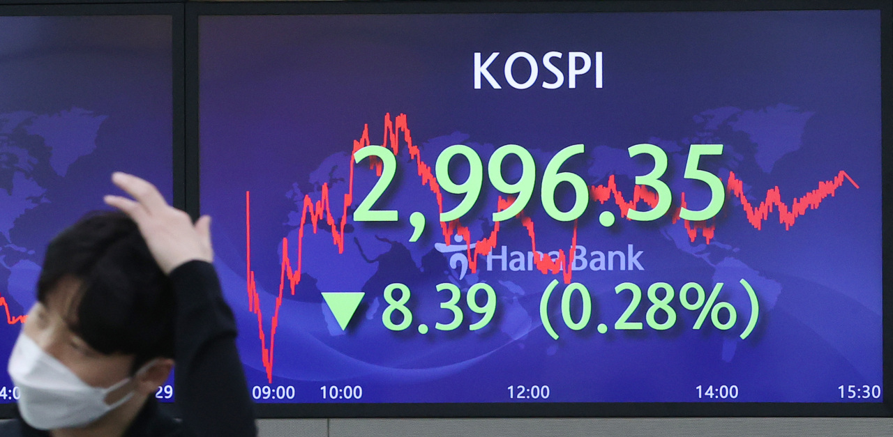 Electronic signboards at a Hana Bank dealing room in Seoul show the benchmark Korea Composite Stock Price Index (KOSPI) closed at 2,996.35 on Wednesday, down 8.39 points or 0.28 percent from the previous session's close. (Yonhap)