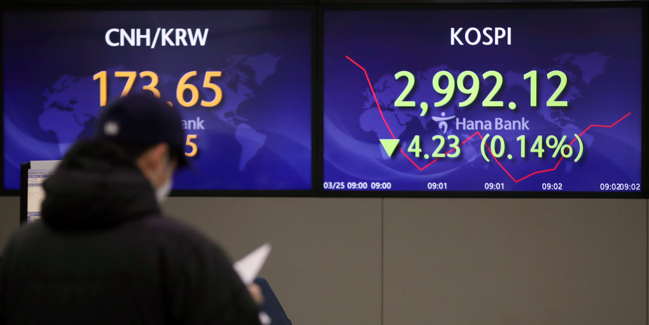 The benchmark Korea Composite Stock Price Index (Kospi) figures are displayed at a dealing room of a local bank in Seoul, Thursday. (Yonhap)