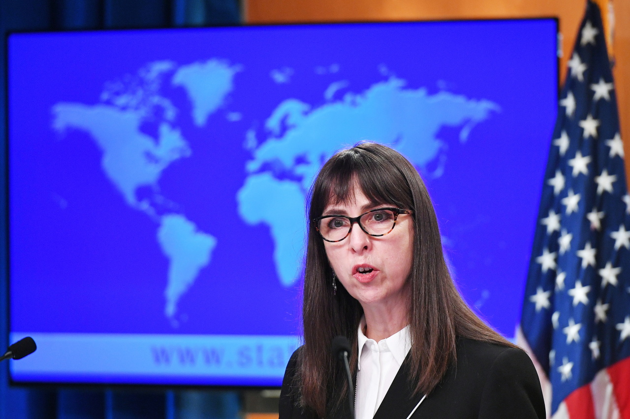 Lisa Peterson, acting assistant secretary of state in the bureau of democracy, human rights and labor, speaks during a press conference on the release of the 2020 Country Reports on Human Rights Practices at the State Department in Washington on Tuesday, in this photo released by the Associated Press. (AP-Yonhap)