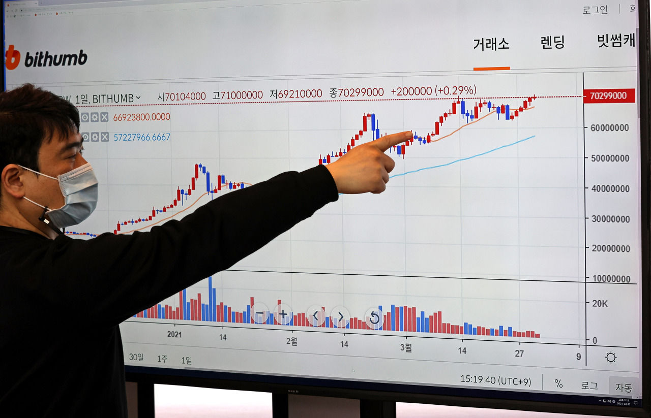 A man points out the bitcoin price graph on a screen at Bithumb’s office in Seoul on Wednesday. (Yonhap)