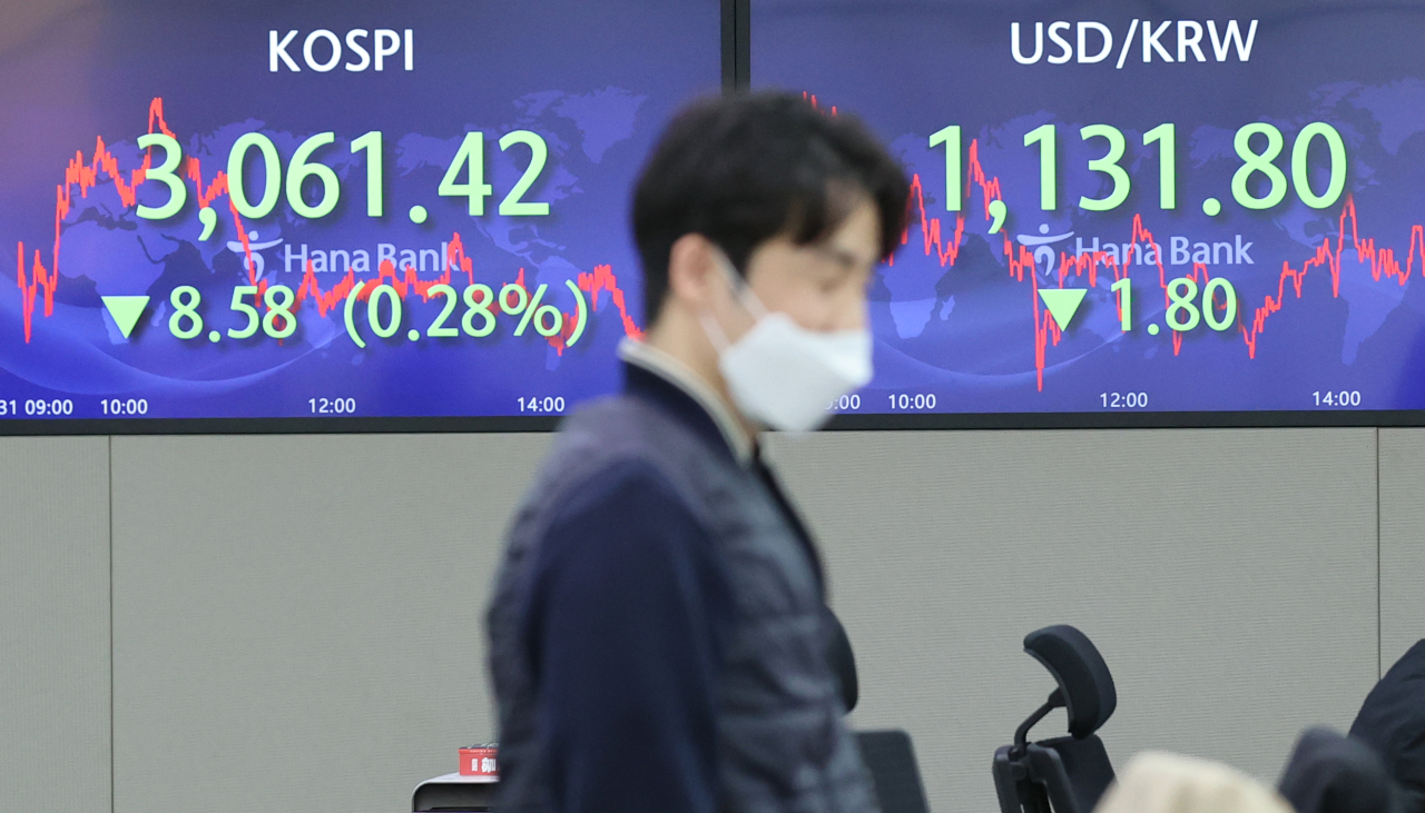 The benchmark Korea Composite Stock Price Index (Kospi) figures are displayed at a dealing room of a local bank in Seoul, Wednesday. (Yonhap)