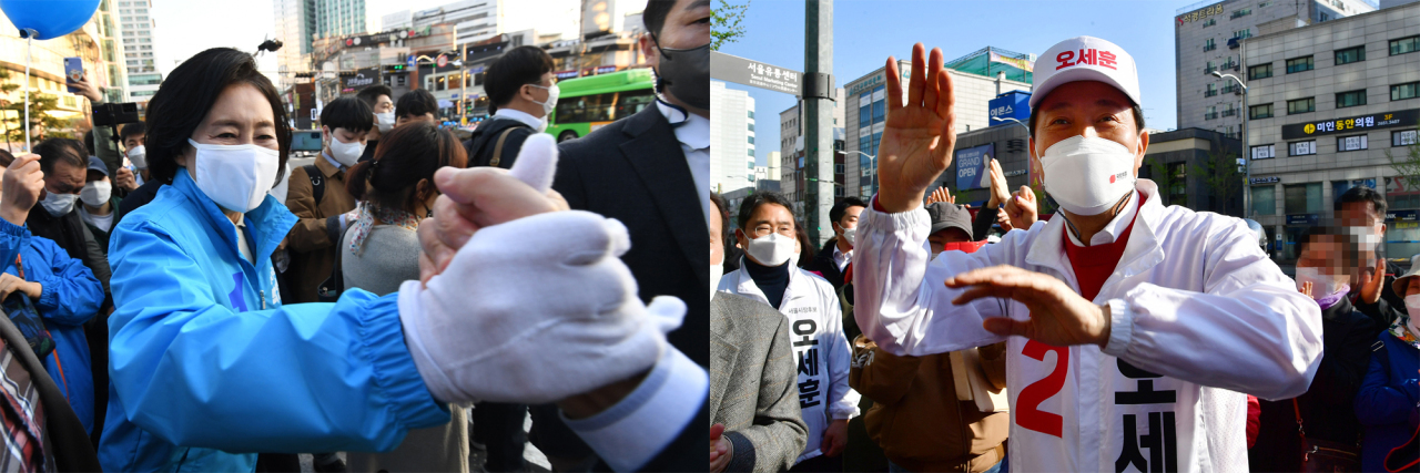These images provided by the National Assembly press corps show the Democratic Party's Seoul mayoral candidate Park Young-sun (L) and her rival from the People Power Party Oh Se-hoon rallying support in Seoul on Monday. (National Assembly press corps )