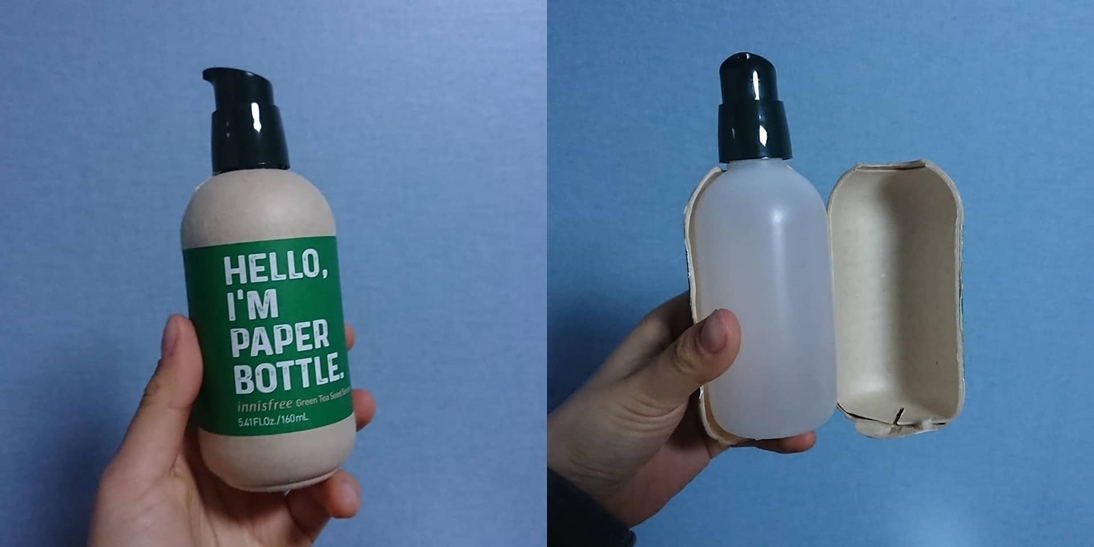 Innisfree’s plastic bottle covered with a “Hello, I’m Paper Bottle“ label. (Capture from Facebook group No Plastic Shopping)