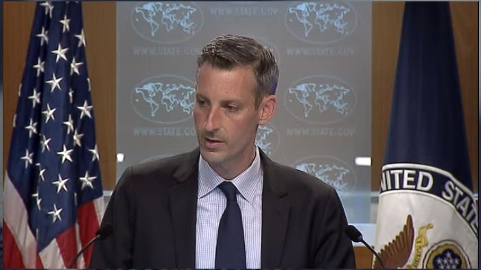 The captured image from the website of the US State Department shows spokesman Ned Price speaking in a daily press briefing at the State Department in Washington on Thursday. (US State Department)