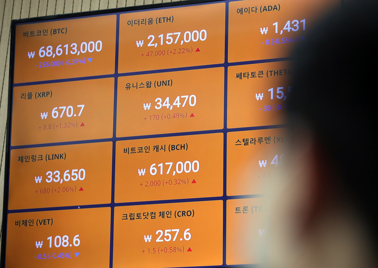 A digital board at Bithumb shows prices of cryptocurrencies on March 30. (Yonhap)