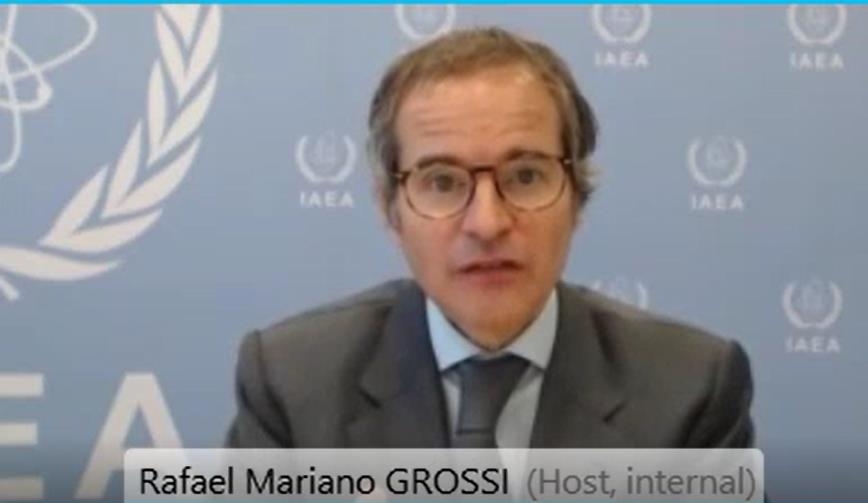 This image captured from the interview footage, shows Rafael Mariano Grossi, director general of the International Atomic Energy Agency (IAEA), speaking with Yonhap News Agency via virtual link on Tuesday. (Yonhap)